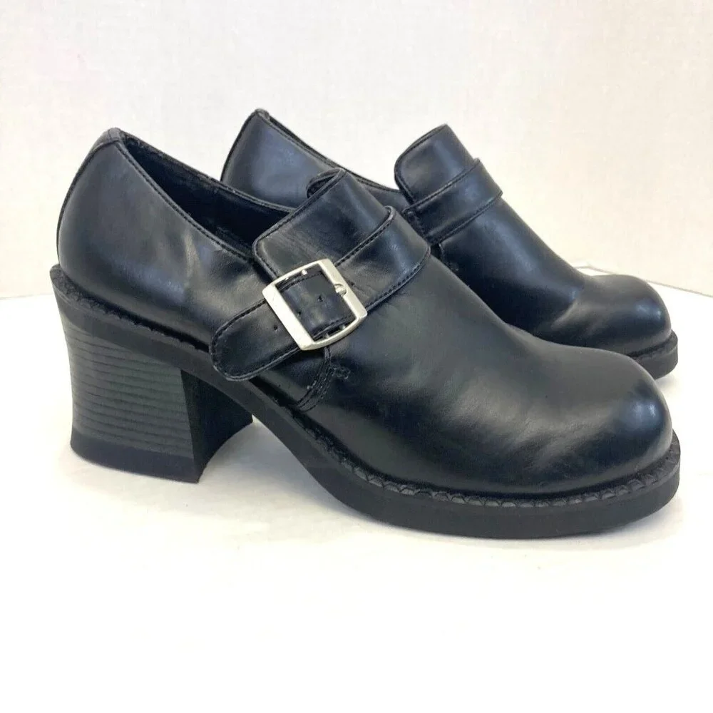Vintage Chunky Heels Buckle Shoes Loafers Womens 9.5 Goth Punk Grunge Black‎ - Picture 2 of 16